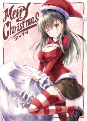 10s 1boy 1girl ;d admiral_(kancolle) breasts christmas green_eyes green_hair grin hair_ornament hairclip hat kantai_collection large_breasts long_hair looking_at_viewer matching_hair/eyes meme_attire merry_christmas one_eye_closed open-chest_sweater open_mouth pleated_skirt santa_hat skirt smile striped_clothes striped_thighhighs suien suzuya_(kancolle) sweater t-head_admiral thighhighs zettai_ryouiki
