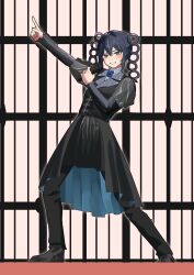 Rule 34 | 1girl, absurdres, ado (utaite), ado box, black dress, black hair, black pants, blue eyes, blue hair, chando (ado), clenched teeth, commentary, dress, hair between eyes, hair rings, hashtag-only commentary, highres, holding, holding microphone, long hair, long sleeves, looking at viewer, microphone, mole, mole under eye, multicolored hair, open mouth, pants, pants under dress, solo, streaked hair, teeth, tsukuno tsuki, utaite