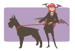Rule 34 | 1girl, black eyes, black jacket, black pantyhose, black shoes, black skirt, brown wings, closed mouth, collared shirt, commentary request, demon girl, demon wings, full body, head wings, holding, holding leash, jacket, koakuma, leash, long hair, looking at viewer, necktie, onikobe rin, pantyhose, purple background, red hair, red necktie, schnauzer, shirt, shoes, simple background, skirt, smile, solo, standing, touhou, two-tone background, very long hair, white background, white shirt, wings