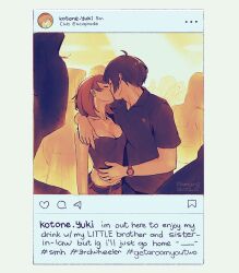 Rule 34 | 1boy, 1girl, 2025, ahoge, arm around shoulder, bare shoulders, belt, belt buckle, blush, breasts, brown hair, buckle, cleavage, closed eyes, collarbone, commentary, couple, crop top, crowd, earrings, english commentary, english text, facing another, fake screenshot, hand on another&#039;s stomach, hetero, instagram, jewelry, kiss, medium breasts, midriff, mole, mole on breast, paaaatchieee, people, persona, persona 3, persona 3 portable, ring, sepia, shiomi kotone, shirt, short hair, short sleeves, signature, takeba yukari, upper body, watch, wristwatch, yuuki makoto (persona 3)