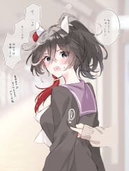 2girls absurdres animal_ears black_hair black_sweater blue_eyes blurry blurry_background bow commentary_request disembodied_hand ear_covers hair_between_eyes hair_ornament heart heart_in_mouth highres horse_ears horse_girl katsuragi_ace_(umamusume) long_hair long_sleeves mr._c.b._(umamusume) multicolored_hair multiple_girls open_mouth ponytail sailor_collar shirt_tug solo_focus speech_bubble streaked_hair sweater tassel tassel_hair_ornament tetora_(oudonoishiize) translation_request umamusume upper_body white_bow white_hair