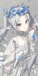 1girl absurdres alternate_costume blue_flower choker closed_mouth dress earrings elf flower forehead frieren frilled_choker frilled_dress frills green_eyes hair_flower hair_ornament head_wreath highres jewelry kieed long_hair looking_at_viewer parted_bangs pointy_ears sidelocks solo sousou_no_frieren twintails white_choker white_dress white_hair