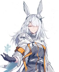 1girl animal_ears arknights armband belt belt_buckle black_belt black_gloves buckle closed_mouth commentary elbow_gloves english_commentary frostnova_(arknights) gloves grey_eyes grey_shirt hair_over_one_eye heart highres hood hood_down hooded_jacket jacket long_hair looking_at_viewer one_eye_covered orange_armband roman_numeral shirt smile snowflakes snowing solo sparks_summer split_mouth white_hair white_jacket