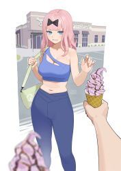Rule 34 | 1girl, 1other, absurdres, bag, black bow, blue eyes, blue pants, blue shirt, blunt bangs, blush, bow, breasts, carlo montie, cleavage, cleavage cutout, clothing cutout, commentary, crop top, drooling, english commentary, food, fujiwara chika, hair bow, hand up, highres, holding, holding food, holding ice cream, ice cream, ice cream cone, kaguya-sama wa kokurasetai ~tensai-tachi no renai zunousen~, letterboxed, long hair, midriff, navel, open mouth, pants, pink hair, pov, pov hands, shirt, shoulder bag, single-shoulder shirt, solo focus, stomach, trembling