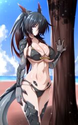 1girl absurdres against_tree bare_shoulders beach bikini black_bikini black_hair blue_sky breasts cleavage closed_mouth cloud collarbone commentary_request commission day dragon_girl dragon_horns dragon_tail g_(genesis1556) gradient_hair groin hair_between_eyes hair_over_one_eye highres horns large_breasts long_hair looking_at_viewer monster_girl multi-strapped_bikini_bottom multicolored_hair ocean original outdoors ponytail purple_eyes red_hair scales shadow sidelocks skeb_commission sky solo standing stomach swimsuit tail tree two-tone_hair
