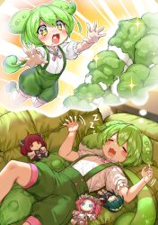 +_+ 1girl absurdres blush bow bowtie character_doll closed_eyes commentary_request couch doll dreaming feet_out_of_frame fumo_(doll) green_shorts heart heart_in_mouth highres long_hair lying on_back on_couch open_mouth pea_pod pink_bow pink_bowtie shikoku_metan shirt shorts suspenders tomitacchi touhoku_kiritan touhoku_zunko voiceroid voicevox white_shirt yellow_eyes zunda_mochi zundamon zzz