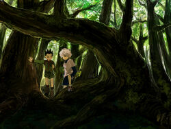 2boys black_hair black_sleeves boots forest gon_freecss green_shirt green_shorts hunter_x_hunter killua_zoldyck male_focus minahamu multiple_boys nature outdoors shirt shoes short_hair shorts smile spiked_hair tree very_short_hair walking white_hair white_shirt