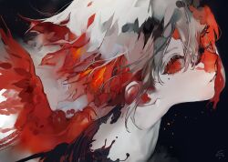 1other androgynous black_background colored_eyelashes grey_hair highres looking_at_viewer mole mole_under_eye original red_eyes red_hair red_wings short_hair solo syokuuuuuuuuumura wings