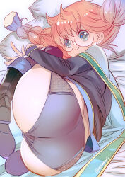 1girl alice_soft ass ass_focus black_boots black_dress black_panties blunt_ends boots braided_twintails cafe_artful cape closed_mouth clothes_lift commentary_request crotch_seam dress dress_lift full_body glasses green_eyes happy hayasaka hugging_own_legs long_hair long_sleeves lying messy_hair on_bed on_side orange_hair panties pillow raised_eyebrows rance_(series) round_eyewear simple_background smile solo underwear white_background white_cape wispy_bangs