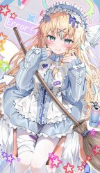 1girl bandaged_leg bandages bandaid bandaid_on_leg blonde_hair blue_hair blue_jacket blue_skirt blush breasts broom can crazy_straw drinking_straw energy_wings frilled_jacket frills green_eyes hair_ornament hairband halo heart_straw highres holding holding_broom jacket lolita_fashion lolita_hairband long_sleeves looking_at_viewer medium_breasts melting_halo multicolored_hair original pantyhose sitting skirt smile solo streaked_hair tongue tongue_out torn_clothes torn_pantyhose white_pantyhose x_hair_ornament yam_(yamap_mako)