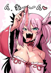 1girl bare_shoulders blue_eyes blush breasts center_opening chopsticks cleavage detached_sleeves dress eating fairys_(vtuber) fangs feather_hair_ornament feathers hair_ornament half-closed_eyes hand_up holding holding_chopsticks imminent_bite indie_virtual_youtuber large_breasts long_hair looking_at_viewer open_mouth pink_hair raised_eyebrows red_sleeves simple_background sliced_meat smile solo strapless strapless_dress tongue tongue_out tukiwani two_side_up upper_body virtual_youtuber white_background white_dress wide_sleeves