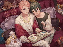 Rule 34 | 2boys, black hair, black shirt, blue pants, book, cardigan, collarbone, couch, cup, cushion, dated, ensemble stars!, holding, holding book, indoors, itsuki shu, jacket, kagehira mika, long sleeves, mademoiselle (ensemble stars!), male focus, multiple boys, open book, open cardigan, open clothes, open mouth, pants, pink hair, red jacket, shirt, short bangs, short hair, sitting, smile, teacup, valkyrie (ensemble stars!), white cardigan, white pants, white shirt, yaoi, yellow eyes, yutsumoe