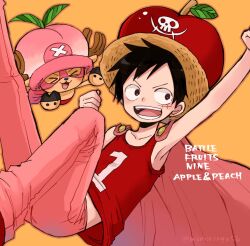 &gt;_&lt; 2boys arm_up black_hair blue_nose commentary_request cross eye_mask hat jolly_roger looking_to_the_side male_focus monkey_d._luffy multiple_boys one_piece open_mouth orange_background pants pink_hat pink_pants red_tank_top scar scar_on_face short_hair simple_background solo straw_hat sumomo_(momoringo56) tank_top tony_tony_chopper