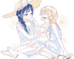 Rule 34 | 2girls, barefoot, blonde hair, blue eyes, blue hair, blue ribbon, braid, breasts, brown sandals, cleavage, closed eyes, commentary, dress, fang, frilled dress, frills, full body, gradient hair, hair over shoulder, hair ribbon, hat, link! like! love live!, looking at another, love live!, low twin braids, multicolored hair, multiple girls, murano sayaka, official alternate costume, open mouth, osawa rurino, pipi (m1x mix), profile, ribbon, ribbon braid, sandals, simple background, single braid, sitting, skin fang, sleeveless, sleeveless dress, small breasts, smile, straw hat, sundress, toes, twin braids, virtual youtuber, white background, white ribbon
