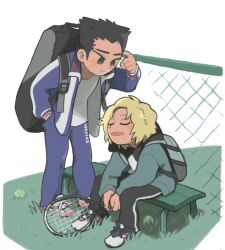 Rule 34 | 2boys, akutagawa jirou, aqua eyes, backpack, bag, black eyes, black hair, blonde hair, blue jacket, blue pants, commentary request, drooling, fence, flattop, frown, hand in pocket, holding tennis racket, jacket, kinni, male focus, momoshiro takeshi, multiple boys, open mouth, pants, shirt, shoes, sleeping, sleeping upright, sneakers, tennis no ouji-sama, track pants, white shirt