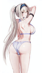 1girl arched_back arm_at_side arm_strap arm_up armpits ass back bianca_(pgr) bikini blonde_hair blue_hairband breasts closed_mouth feet_out_of_frame from_behind grey_eyes hair_between_eyes hair_intakes hairband haruyuki_(karem) large_breasts long_hair looking_at_viewer looking_back ponytail punishing:_gray_raven shoulder_blades sideboob simple_background smile solo standing straight_hair string_bikini swimsuit thigh_gap very_long_hair white_background white_bikini