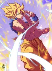 Rule 34 | 1boy, aura, blonde hair, blue shirt, commentary request, dragon ball, dragonball z, electricity, goku day, green eyes, highres, liedein, male focus, medium hair, orange shirt, salute, shirt, solo, son goku, spiked hair, super saiyan, super saiyan 1, two-finger salute