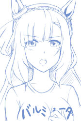 1girl abriel00 animal_ears blue_theme bow braid breasts commentary_request crown_braid ear_bow furrowed_brow horse_ears horse_girl long_hair looking_at_viewer medium_breasts mejiro_ardan_(umamusume) monochrome open_mouth shirt simple_background solo umamusume upper_body