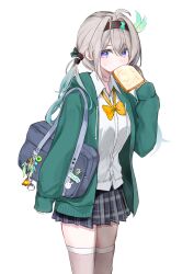 Rule 34 | 1girl, absurdres, bag, blue bag, blue sky, bow, bowtie, bread, bread slice, brown hairband, character name, collared shirt, dana (hapong07), english text, firefly (honkai: star rail), food, food in mouth, gradient eyes, gradient hair, green pupils, grey hair, hair between eyes, hair intakes, hair ornament, hair ribbon, hair tubes, hairband, highres, honkai: star rail, honkai (series), long hair, multicolored eyes, multicolored hair, orange bow, orange bowtie, pleated skirt, ribbon, shirt, shoulder bag, simple background, skirt, sky, solo, sweatdrop, thighhighs, twintails, two-tone eyes, white background, white shirt, white thighhighs
