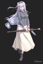 1girl bag black_background black_boots blush boots breast_pocket breasts closed_umbrella commentary_request full_body fuyutsuki_(kancolle) fuyutsuki_(rainy_season)_(kancolle) grey_eyes grey_hair grey_jacket heart highres himeyamato holding holding_umbrella jacket kantai_collection large_breasts long_hair long_sleeves looking_at_viewer low-tied_long_hair one_side_up open_mouth pocket shirt signature simple_background skirt solo standing umbrella very_long_hair white_shirt