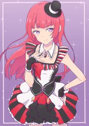 1girl absurdres blunt_bangs cbgb corset cowboy_shot detached_collar hand_on_own_chest hand_on_own_hip hand_up hat highres hojo_sophy idol_clothes long_hair looking_at_viewer mini_hat mini_top_hat pretty_series pripara purple_background purple_eyes red_hair smile solo sparkle standing third-party_source top_hat