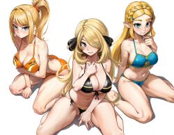 3girls aqua_eyes arm_under_breasts bikini black_bikini black_eyes blonde_hair blue_bikini blue_eyes breasts cleavage collarbone commentary commission crossover cynthia_(pokemon) english_commentary eyes_visible_through_hair front-tie_bikini_top front-tie_top grin hair_ornament hair_over_one_eye hair_tie hand_on_own_chest large_breasts laz_gm leaning_forward long_hair looking_at_viewer medium_breasts metroid mole mole_under_mouth multiple_girls navel nintendo orange_bikini pokemon pokemon_dppt ponytail princess_zelda samus_aran side-tie_bikini_bottom simple_background sitting smile swimsuit the_legend_of_zelda the_legend_of_zelda:_breath_of_the_wild wariza white_background