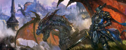 1boy absurdres armor belt blue_eyes building city cloud commentary day dragon english_commentary eye_trail fantasy faulds flying full_armor gauntlets giant giant_monster grass hand_on_own_hip helm helmet highres holding holding_sword holding_weapon horns light_trail monster open_mouth original outdoors pauldrons pelvic_curtain realistic scales scenery sharp_teeth sheath sheathed shoulder_armor signature standing sword teeth weapon wen-xaeroaaa western_dragon winged_helmet wings