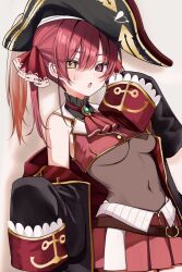 1girl ascot bicorne black_coat breasts coat cropped_jacket hair_between_eyes hair_ribbon hand_up hat heterochromia highres hololive houshou_marine houshou_marine_(1st_costume) jacket leotard leotard_under_clothes long_sleeves looking_at_viewer medium_breasts miniskirt navel open_mouth pleated_skirt red_ascot red_eyes red_hair red_jacket red_skirt ribbon rikotan see-through_clothes see-through_leotard skirt sleeveless sleeveless_jacket sleeves_past_fingers sleeves_past_wrists solo sweat twintails underboob upper_body virtual_youtuber yellow_eyes
