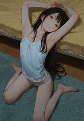1girl absurdres akipeko armpits arms_behind_head arms_up bare_legs barefoot bed black_hair blue_camisole blush breasts brown_eyes camisole closed_mouth commentary_request highres long_hair looking_at_viewer original panties rug sitting small_breasts solo underwear white_panties