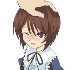 00s 1girl bad_id bad_pixiv_id blush brown_hair head_pat headpat ica one_eye_closed petite portrait rozen_maiden short_hair simple_background smile solo_focus souseiseki upper_body wink
