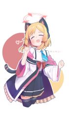 1girl animal_ear_headphones animal_ears black_jacket black_skirt black_thighhighs blonde_hair blue_archive blue_necktie blush bow buttons cat_ear_headphones cat_ears chestnut_mouth chinese_commentary closed_mouth collared_shirt commentary_request cowboy_shot cropped_legs dress_shirt facing_viewer fake_animal_ears frilled_jacket frilled_skirt frills hair_bow halo hands_up headphones heart highres jacket jestor_(277661503) long_sleeves low-tied_sidelocks making-of_available momoi_(blue_archive) multicolored_jacket necktie off_shoulder open_mouth outline parted_bangs paw_pose pink_jacket pleated_skirt red_background red_bow red_halo school_uniform shirt shirt_tucked_in short_hair short_necktie sidelocks simple_background skirt smile solo suspender_skirt suspenders teeth thighhighs upper_teeth_only white_background white_jacket white_outline white_shirt wide_sleeves yellow_background