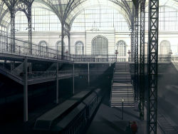 Rule 34 | 1boy, clock, hat, indoors, male focus, new york city, original, platform, railing, scenery, seo tatsuya, skylight, solo, stairs, train, train attendant, train station, travel attendant, uniform