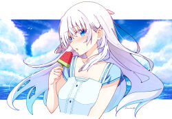1girl bird blue_eyes blue_sleeves blunt_ends blush center_frills cloud collarbone commentary cropped_torso day dress floating_hair food frilled_dress frills hair_behind_ear hair_between_eyes hair_ornament hairclip hand_up highres holding holding_food holding_popsicle long_hair looking_at_viewer naruse_shiroha ocean open_mouth outdoors parallel_hairclips popsicle ringed_eyes seagull short_sleeves sidelocks signature solo summer_pockets toneriko86 upper_body very_long_hair watermelon_bar white_dress white_hair