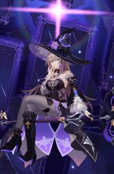 1girl black_boots black_dress black_pantyhose boots breasts brown_hair commentary_request crossed_legs detached_sleeves dress hat herta_(honkai:_star_rail) high_heel_boots high_heels highres holding holding_staff honkai:_star_rail honkai_(series) long_hair pantyhose picture_frame purple_eyes ryokucha_(taiyaki_202305) small_breasts solo staff staff_riding the_herta_(honkai:_star_rail) witch_hat