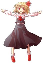 1girl alphes_(style) black_dress black_vest blonde_hair blouse blush collared_shirt commentary_request crying crying_with_eyes_open dairi dress fang frilled_sleeves frills full_body hair_ornament hair_ribbon large_variant_set long_sleeves looking_at_viewer open_mouth outstretched_arms parody red_eyes red_ribbon red_shoes ribbon rumia sad shirt shoes short_hair solo style_parody tachi-e tears touhou transparent_background two-tone_ribbon variant_set vest white_shirt
