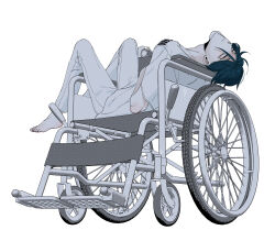 1boy absurdres barefoot full_body hair_between_eyes head_tilt highres knees_up looking_at_viewer looking_back lying maelo meguriya_ayumu on_back pants shirt short_hair simple_background solo toshi_densetsu_kaitai_center wheelchair white_background white_pants white_shirt yellow_eyes