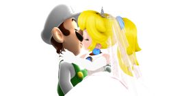 1boy 1girl 3d arms_around_neck bare_shoulders blonde_hair blue_earrings bridal_veil bride brooch brown_hair carrying cheating_(relationship) closed_eyes dress earrings elbow_gloves facial_hair gloves green_overalls hetero high_ponytail jewelry kiss long_hair luigi mario_(series) mustache netorare nintendo overalls ponytail princess_carry princess_peach shirt short_hair simple_background sleeveless sleeveless_dress sphere_earrings super_mario_bros._1 tiara transparent_background veil wedding_dress white_gloves white_headwear white_shirt