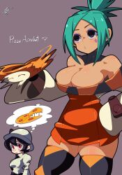 2girls bare_shoulders black_hair breasts cerebella_(skullgirls) cleavage closed_mouth dark-skinned_female dark_skin diamond_facial_mark dress eyeshadow facial_mark filia_(skullgirls) food green_hair green_lips hand_on_own_hip hat highres large_breasts lipstick looking_up makeup multiple_girls open_mouth orange_dress pizza ponytail red_eyes school_uniform shirt skullgirls thighhighs thighs vice-versa_(skullgirls) white_shirt yaki_usagi zettai_ryouiki