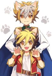 Rule 34 | 2boys, age difference, amanogawa ginga, amanogawa ryuusei, animal ear fluff, animal ears, artist name, belt, belt buckle, belt pouch, black hair, blonde hair, blue cape, brothers, brown belt, brown eyes, buckle, cape, cat boy, cat ears, claw pose, commentary, epaulettes, fangs, green trim, hair between eyes, hands up, height difference, high collar, highres, jacket, jinzou konchuu kabutoborg vxv, kuroda (kuro yyy), looking at viewer, male focus, multiple boys, open clothes, open jacket, paw print, paw print background, pouch, shirt, short hair, siblings, signature, simple background, standing, upper body, white background, white hair, white shirt, wristband