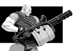 1boy absurdres ammunition_belt bald black_background decomposedtaco gatling_gun greyscale gun heavy_(tf2) highres holding holding_gun holding_weapon looking_to_the_side male_focus minigun monochrome muscular muscular_male team_fortress_2 two-tone_background weapon white_background