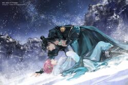 2boys aqua_pants arm_support black_boots black_hair black_hanfu boots chinese_clothes coat commentary crying crying_with_eyes_open danke_reverse_d english_commentary eye_contact feet_out_of_frame from_side fur-trimmed_coat fur-trimmed_robe fur-trimmed_sleeves fur_trim grey_coat hair_ornament hanfu highres holding_hands kong_hongjun li_jinglong long_hair long_sleeves looking_at_another lying male_focus multiple_boys night night_sky on_back open_mouth outdoors pants pink_hair robe sky tears teeth tianbao_fuyao_lu topknot