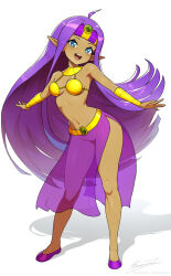 :d blue_eyes bra breasts cosplay dark-skinned_female dark_skin duck_dodgers full_body highres jewelry long_hair looney_tunes medium_breasts navel neck_ring no_panties open_mouth pointy_ears purple_hair purple_shoes purple_skirt queen_tyr&#039;ahnee queen_tyr&#039;ahnee_(cosplay) revenantart see-through_clothes see-through_skirt shantae shantae_(series) shoes side_slit simple_background skirt smile stomach underwear very_long_hair white_background yellow_bra