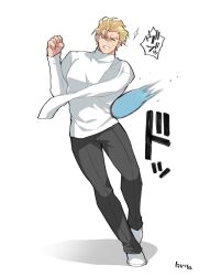 1boy amputee armless_amputee black_pants blonde_hair clenched_hand clenched_teeth closed_eyes hair_slicked_back kray_foresight long_sleeves male_focus pants promare shadow shirt shoes short_hair simple_background solo speech_bubble sweatdrop takatsuki_ichi teeth throwing turtleneck white_background white_shirt white_shoes