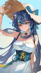 1girl absurdres adjusting_clothes adjusting_headwear alternate_costume animal_ears bare_shoulders bear_ears blue_corset blue_eyes blue_hair bracelet breasts commentary corset dress english_commentary eyeshadow fujikura_uruka furrowed_brow gradient_background hat hat_ribbon highres jewelry large_breasts long_hair makeup multicolored_hair phase_connect ribbon second-party_source shafpng sleeveless sleeveless_dress solo straw_hat sundress two-tone_hair very_long_hair virtual_youtuber white_dress