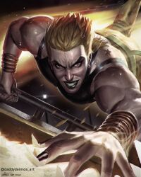 1boy biceps birthmark black_lips black_nails blonde_hair bracelet clenched_teeth deimos_art dio_brando fingernails highres jewelry joestar_birthmark jojo_no_kimyou_na_bouken looking_at_viewer meme mullet muscular muscular_male piercing road_roller_da!_(meme) sharp_fingernails short_hair solo stardust_crusaders steamroller teeth v-shaped_eyebrows yellow_theme