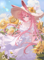 Rule 34 | 1girl, absurdres, animal ears, arms behind back, blue eyes, blue sky, cloud, commission, cowboy shot, dress, flower, hat, hat ribbon, highres, honkai (series), honkai impact 3rd, lens flare, lixiang guo alice, long hair, looking at viewer, messy hair, pink hair, rabbit ears, ribbon, sky, smile, solo, straw hat, sunflower, white dress, white ribbon, yae sakura