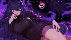 1girl :d absurdres artist_name black_dress black_hair black_nails black_panties blue_eyes breasts cameltoe covered_navel creatures_(company) dress fire floating floating_object game_freak hair_between_eyes hex_maniac_(pokemon) highres holding holding_poke_ball impossible_clothes impossible_dress itzah large_breasts long_hair long_sleeves looking_at_viewer lying nail_polish nintendo on_side open_mouth panties poke_ball pokemon pokemon_xy purple_fire short_dress smile solo underwear upskirt very_long_hair watermark web_address