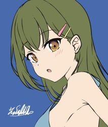 Rule 34 | 1girl, :o, armpit crease, bare shoulders, bikini, blue background, blue bikini, blush, brown eyes, commentary, green hair, hair ornament, hairclip, halterneck, link! like! love live!, long hair, looking at viewer, love live!, ogami sachi, open mouth, parallel hairclips, satolive20, signature, simple background, solo, strap gap, swimsuit, upper body