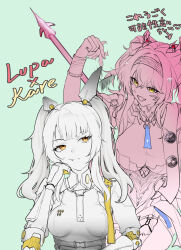 2girls armor breastplate breasts commentary_request company_connection crossover green_background hairband head_rest headgear highres karenina:_scire_(pgr) karenina_(pgr) large_breasts limited_palette long_hair looking_at_another lupa_(wuthering_waves) mechanical_arms mechanical_hands medium_breasts multiple_girls orange_eyes punishing:_gray_raven red_pupils road757 sash simple_background smile translation_request twintails wuthering_waves yellow_eyes