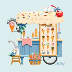 Rule 34 | basket, bicycle, bird, blue background, blue bow, blue flower, bow, cherry, flower, food, food focus, fruit, ice cream, ice cream cone, issiki toaki, no humans, original, pink flower, red flower, simple background, white flower